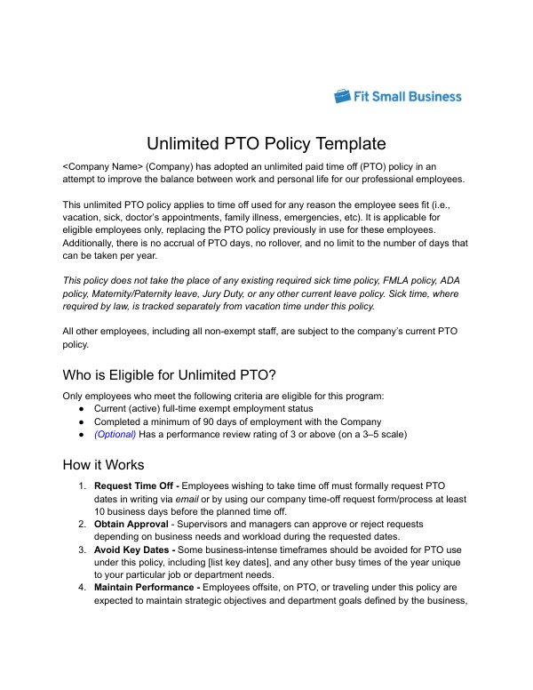 Screenshot of Unlimited PTO Policy Template .