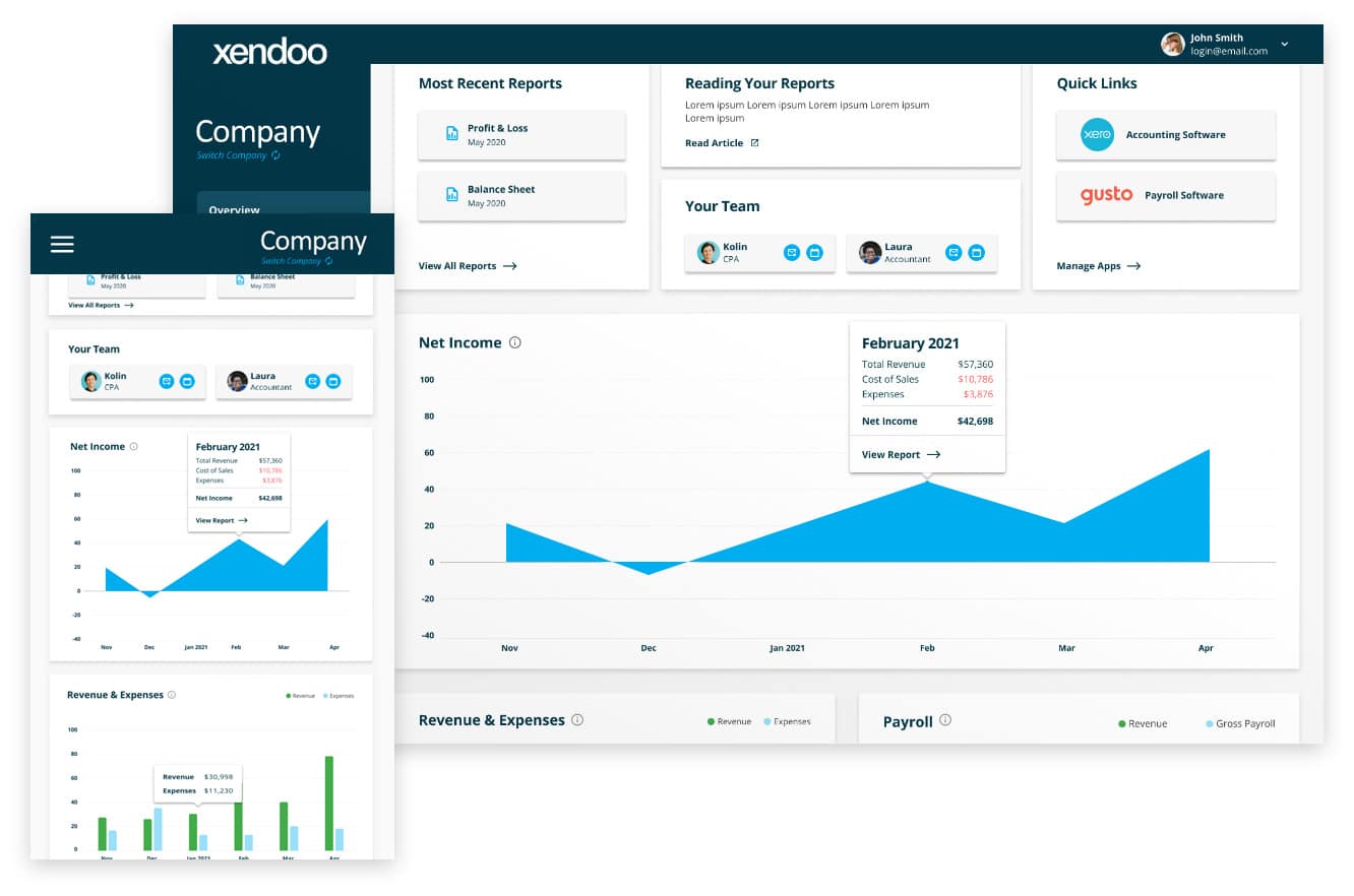 Xendoo reporting features in desktop and mobile app.
