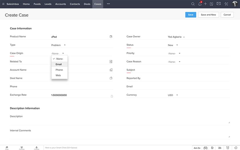 Zoho CRM customer case setup.