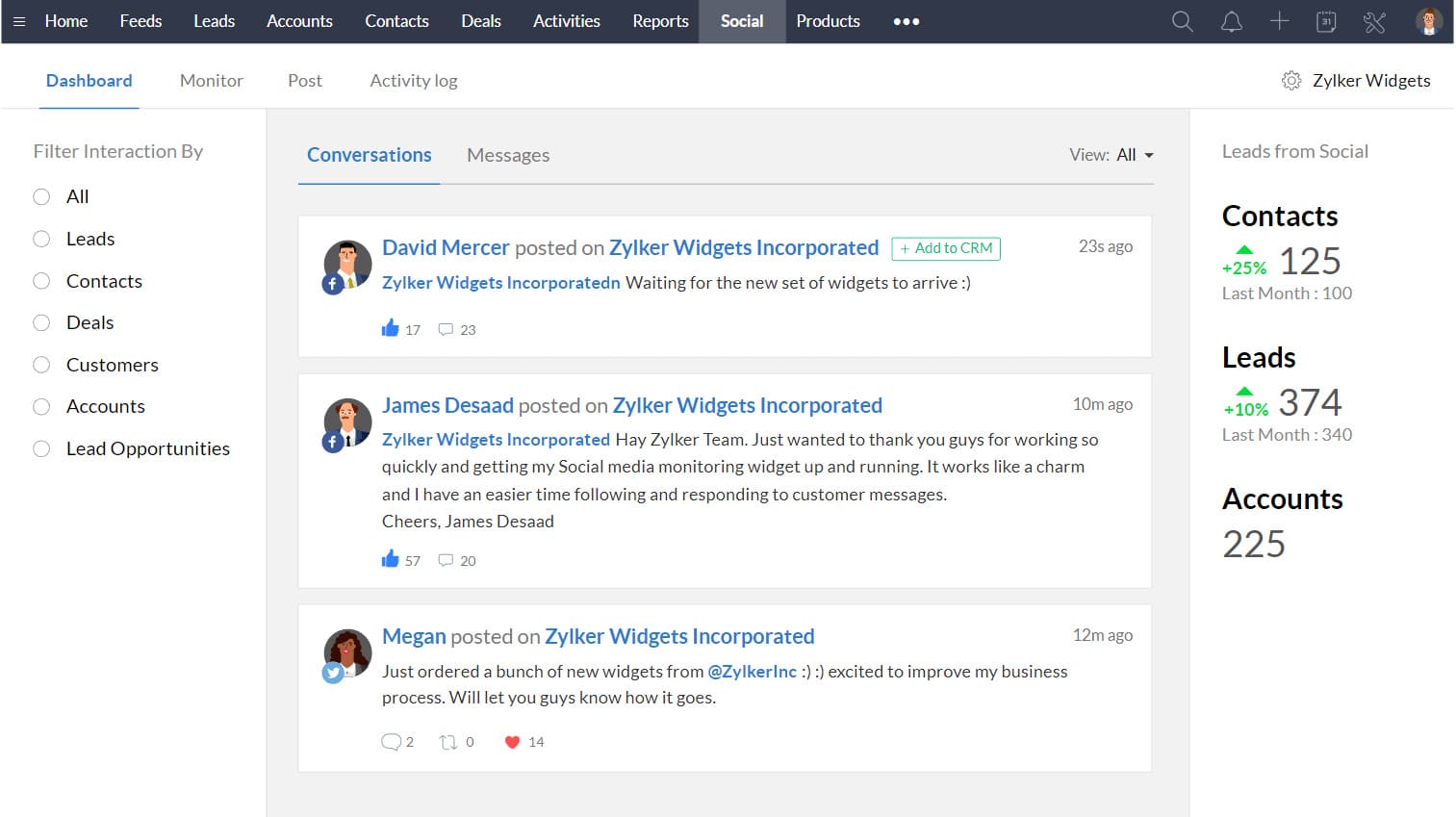 Zoho CRM's Social Tab showing a dashboard with all conversations with leads, prospects, and contacts.