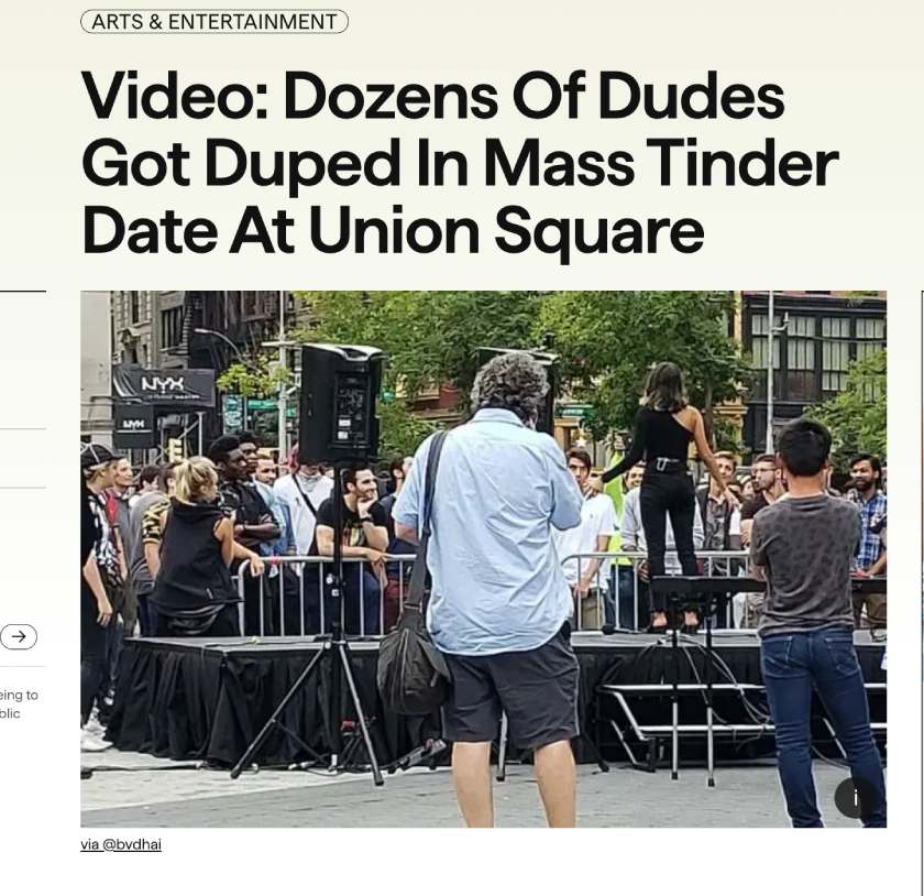 A headline detailing dozens of men getting duped on a Tinder date as part of the app's publicity stunt.