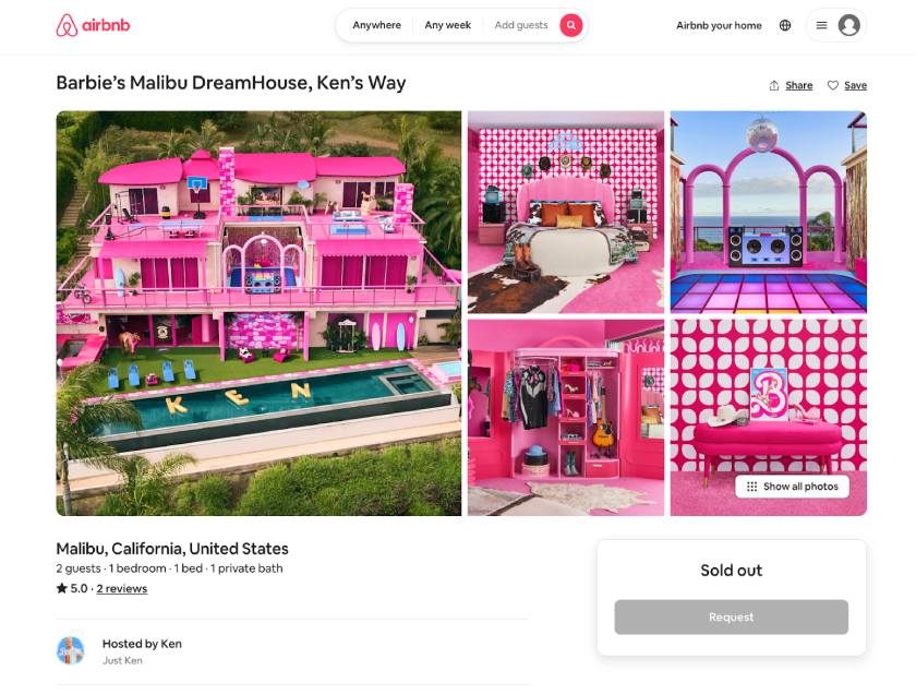 A listing for the Barbie Dreamhouse from the 2023 film on Airbnb.