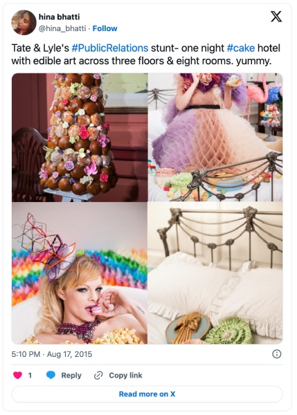 A Tweet showcasing the one-night-only edible hotel by desserts brand Tate & Lyle in London.