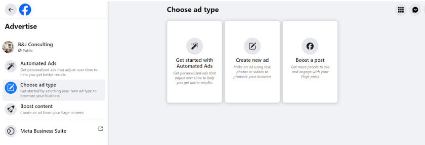 Ad buttons for automated ads, creating a new ad, and boosting a post.