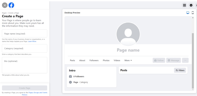 Create a page form on Facebook.