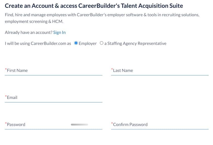 Creating an account in CareerBuilder.