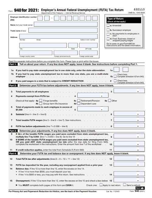 Form 940 2021 page 1.