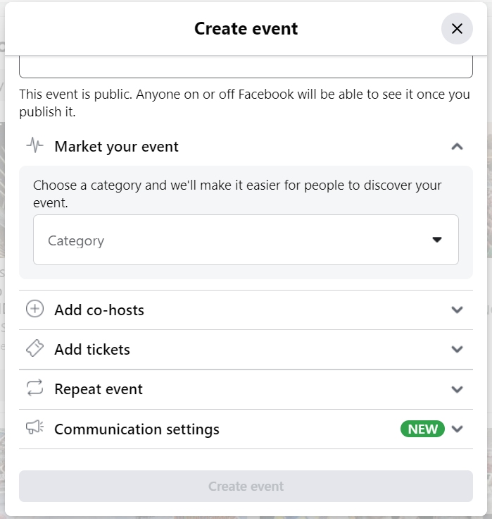 Form to create an event with market, add co-hosts, add tickets, and repeat event fields.