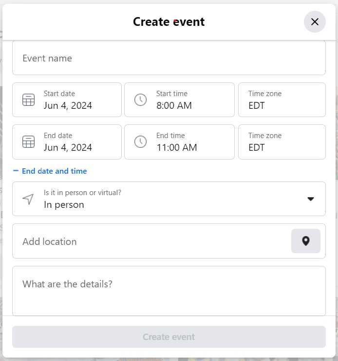 Form to create an event with name, date, time, and location fields.