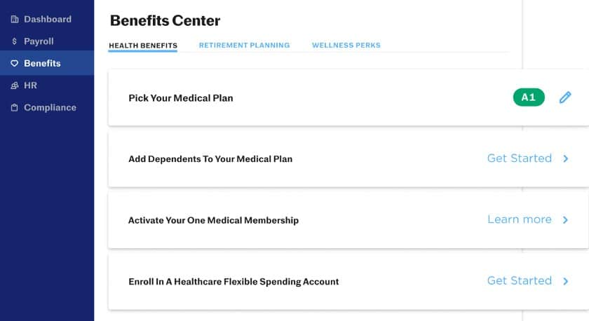 Justworks features the benefits center.