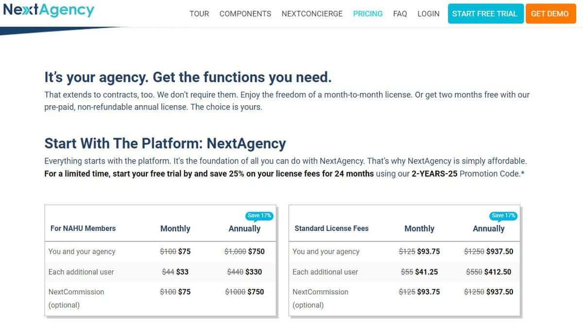 NextAgency pricing pages as of August 2023.