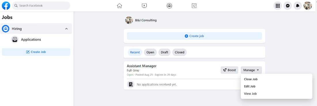 Options available under manage drop-down on Facebook job posting.