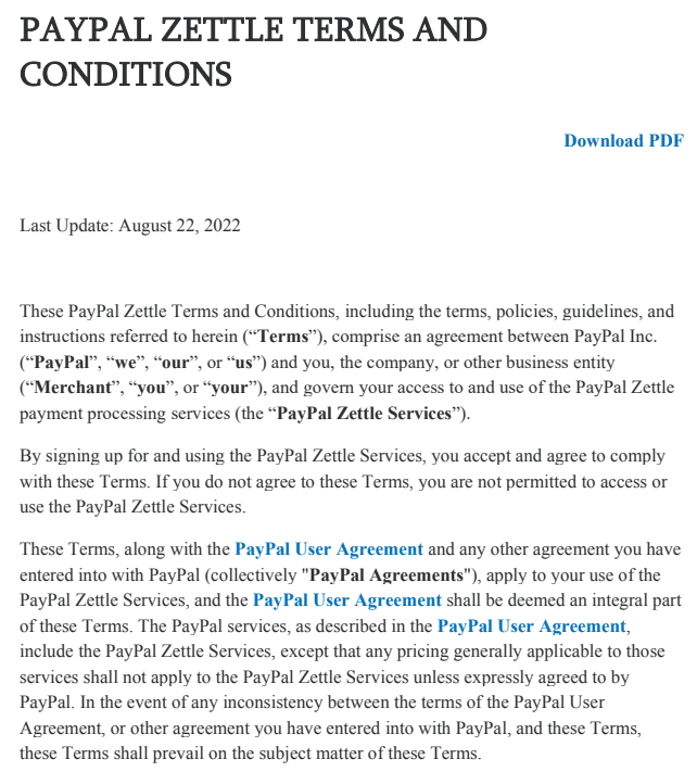 PayPal Zettle Terms and Conditions.