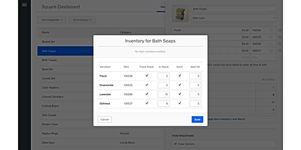 Square inventory management dashboard.