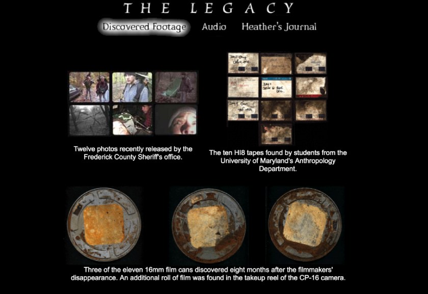 The website for the 1999 film "The Blair Witch Project" featuring "discovered footage" from the film, along with other elements.