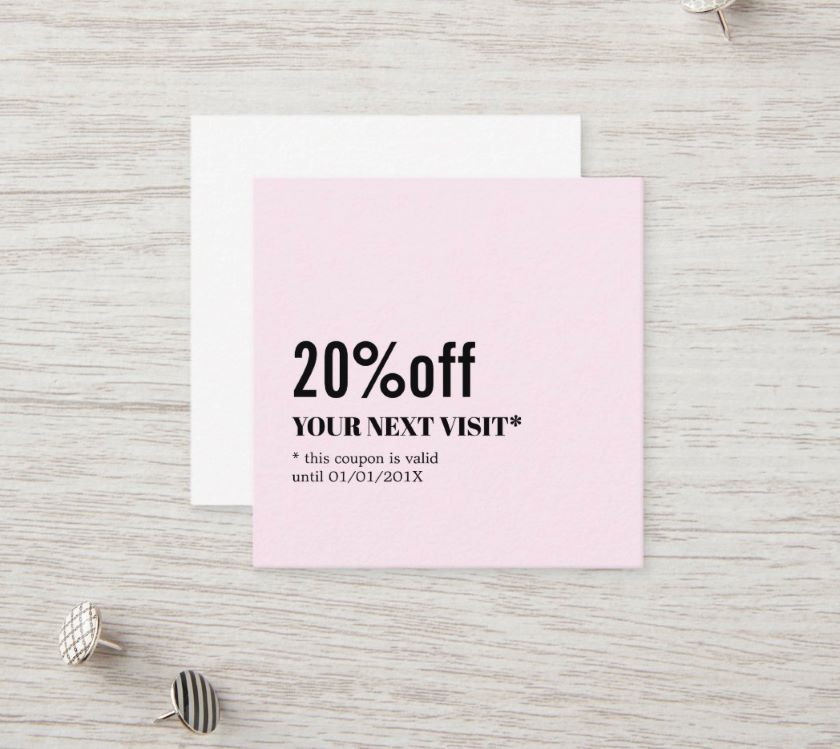 Pink 20% off coupon card offering discount for shopper's next order