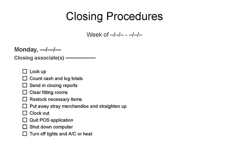 Closing procedures checklist.