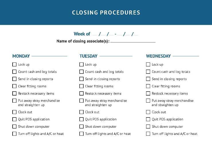 Closing procedures checklist.