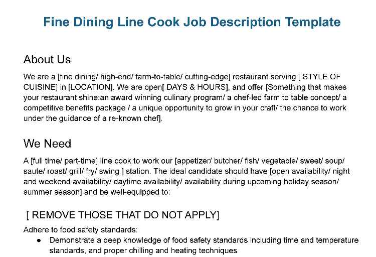 Fine dining line cook job description template.