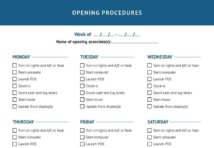 Opening procedure checklist.
