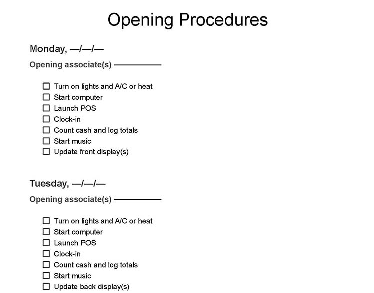 Opening procedures checklist.