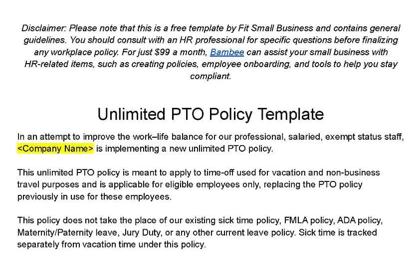 Unlimited pto policy template.