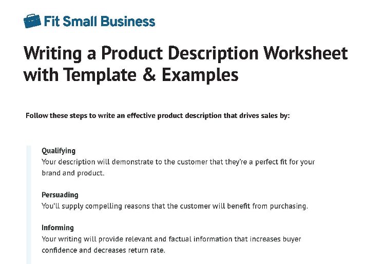 Writing a product description worksheet.