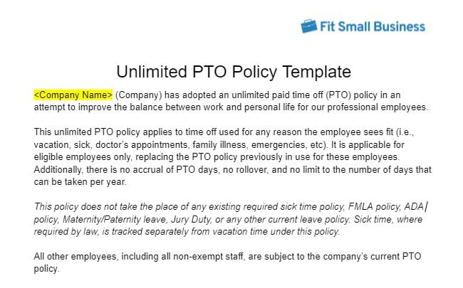 Unlimited PTO Policy Template New