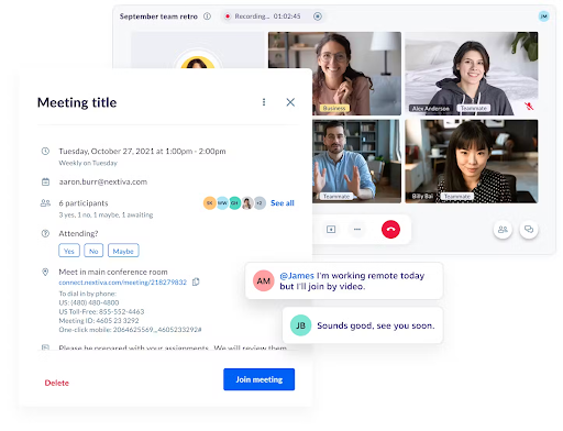 Overlaying activities like video conferencing and chat that showcases multitasking within Nextiva