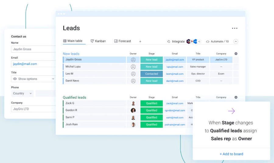 monday CRM's lead assignment automation when the stage changes to Qualified leads.