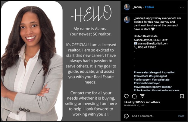 Instagram post introducing a real estate agent
