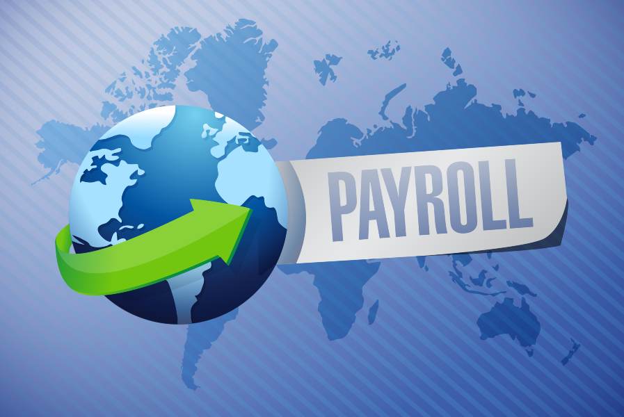 Showing a graphic of a globe and payroll banner.