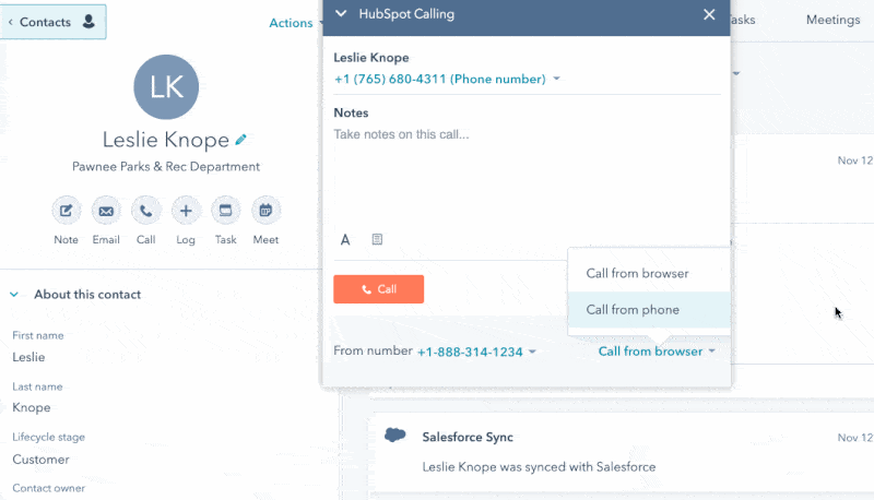 HubSpot CRM built-in telephone and email communication tools