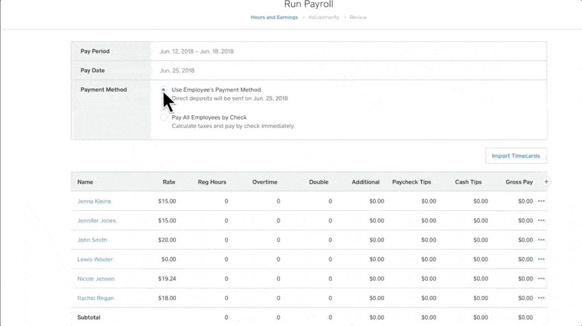 Import employee attendance data from Square POS or the Square team app directly into Square Payroll.