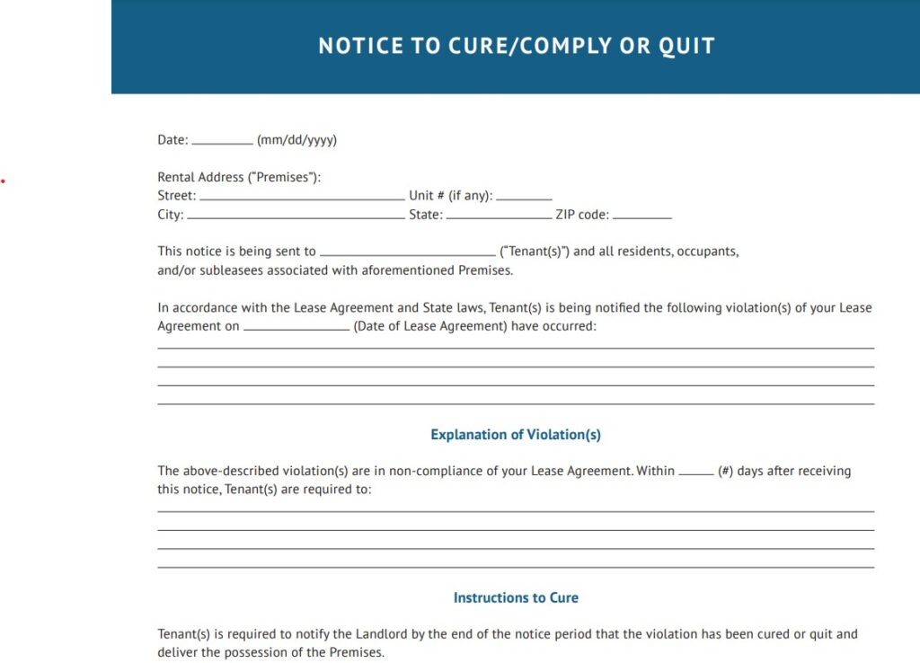 Screenshot of Notice To Cure