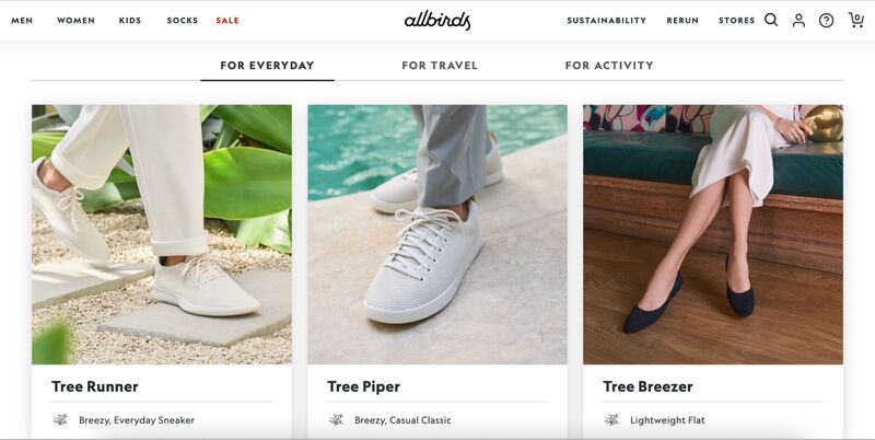 allbirds ecommerce store homepage with everyday shoes tree runner tree piper tree breezer