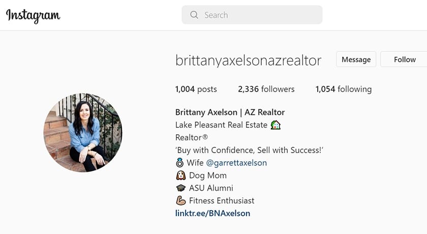 Brittany Axelson Instagram example of real estate agents bio
