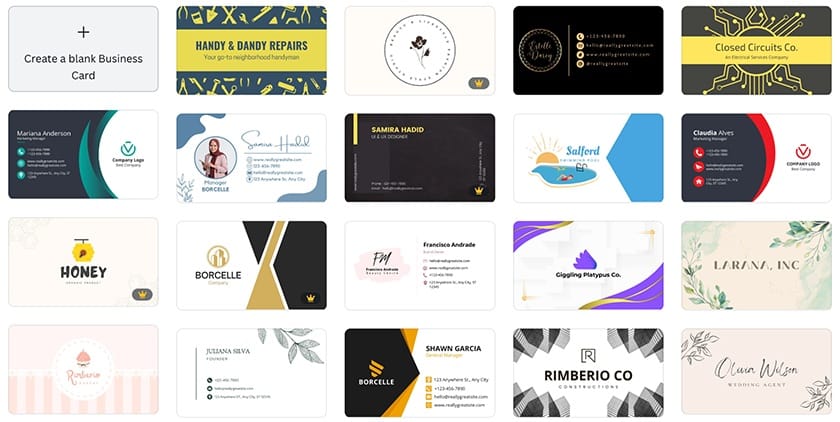 Canva business card templates library.
