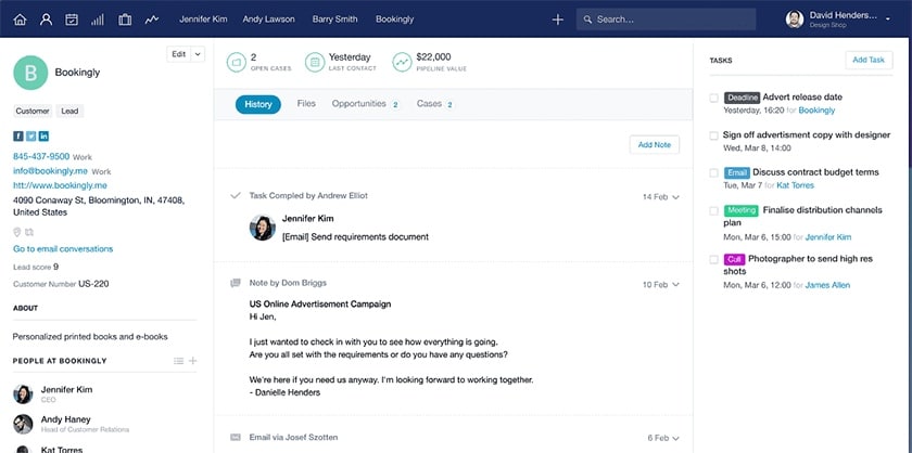 Capsule CRM lead history record.
