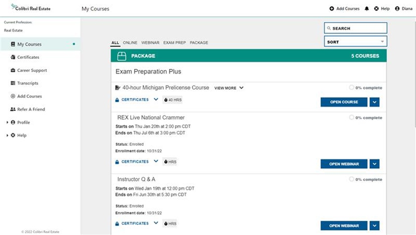 Colibri Real Estate course certificates.
