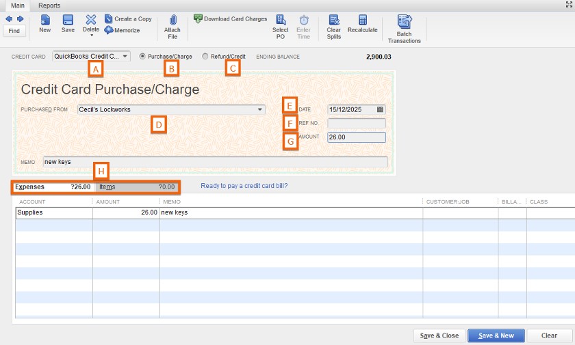 Credit card charge screen in QuickBooks Desktop.
