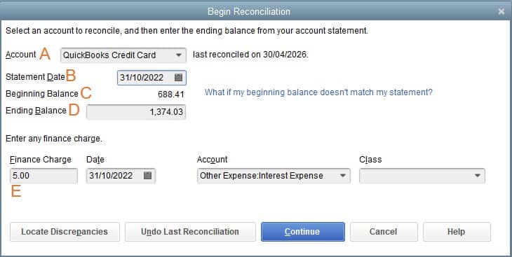 Entering credit card statement information in QuickBooks Desktop.
