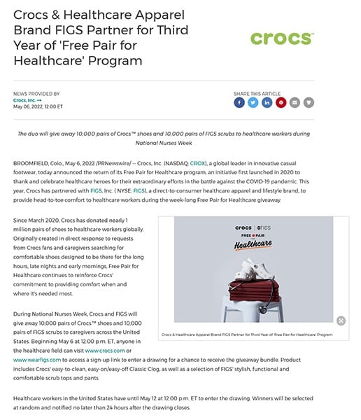Crocs partnership press release announcement.