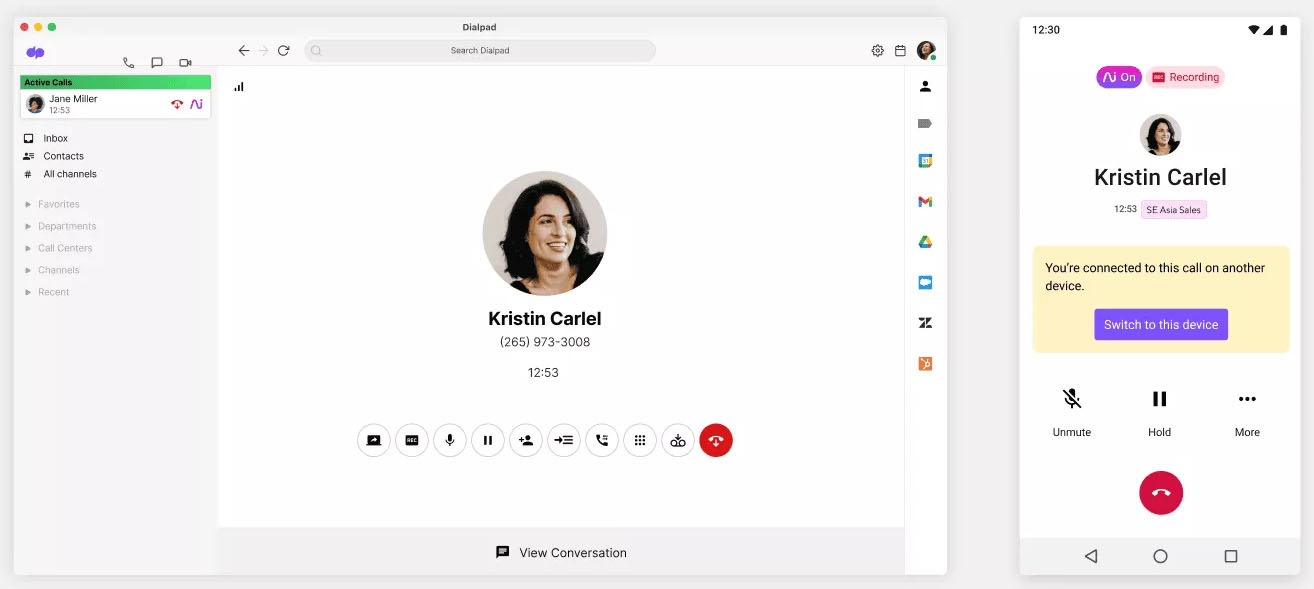 Dialpad on a desktop and mobile device with a pop up saying the caller is connected to the call on another device.