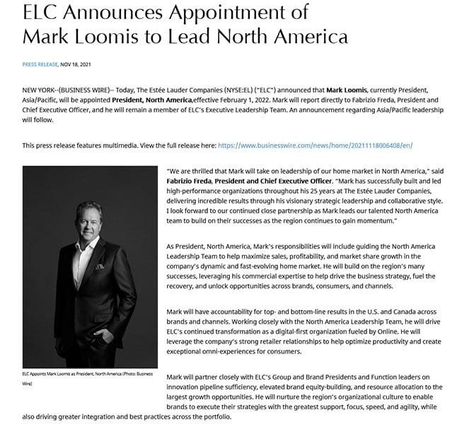 Estee Lauder Companies new hire press release.