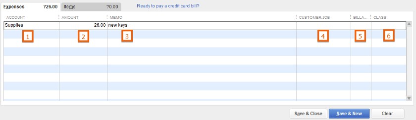 Expenses tab in the credit card charge screen.
