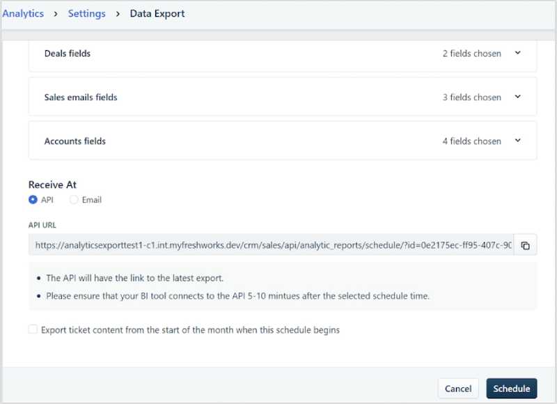 An example of how to schedule data export via API in Freshsales.