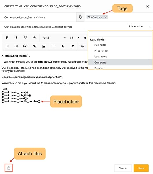 Freshsales email template editor.