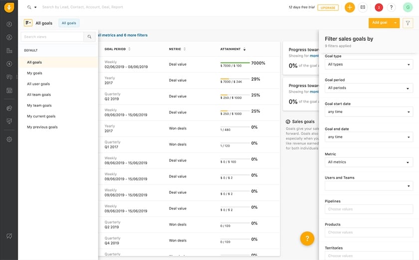 Freshsales sales goal tracking filter options.