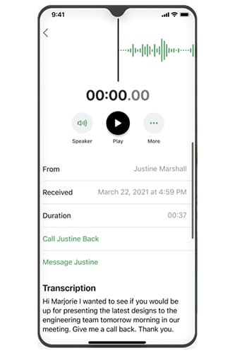 GoTo Connect audio file and text transcription of your voicemail messages